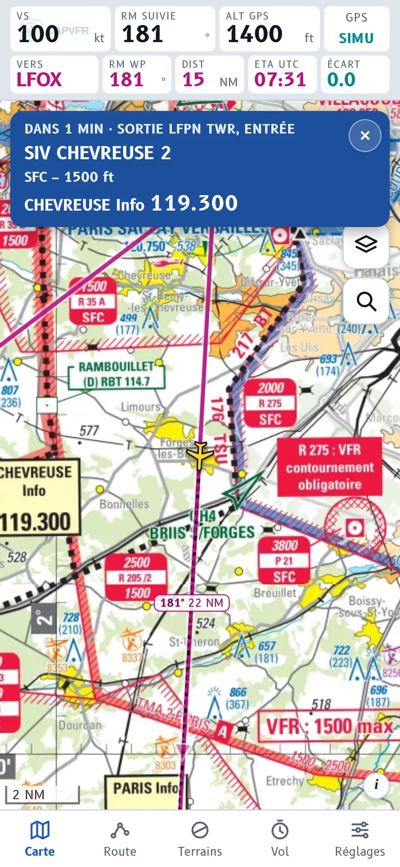 Alerte : dans une minute, sortie LFPN TWR, entrée SIV Chevreuse 2, Chevreuse Info 119.300
