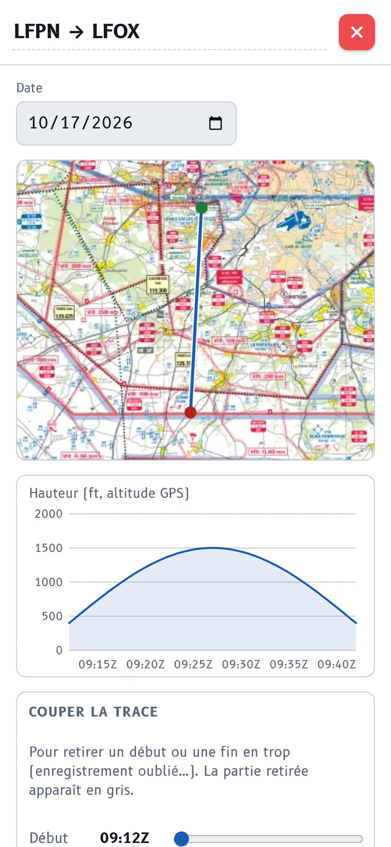 Page d'un vol LFPN vers LFOX : carte de la trace et profil des hauteurs