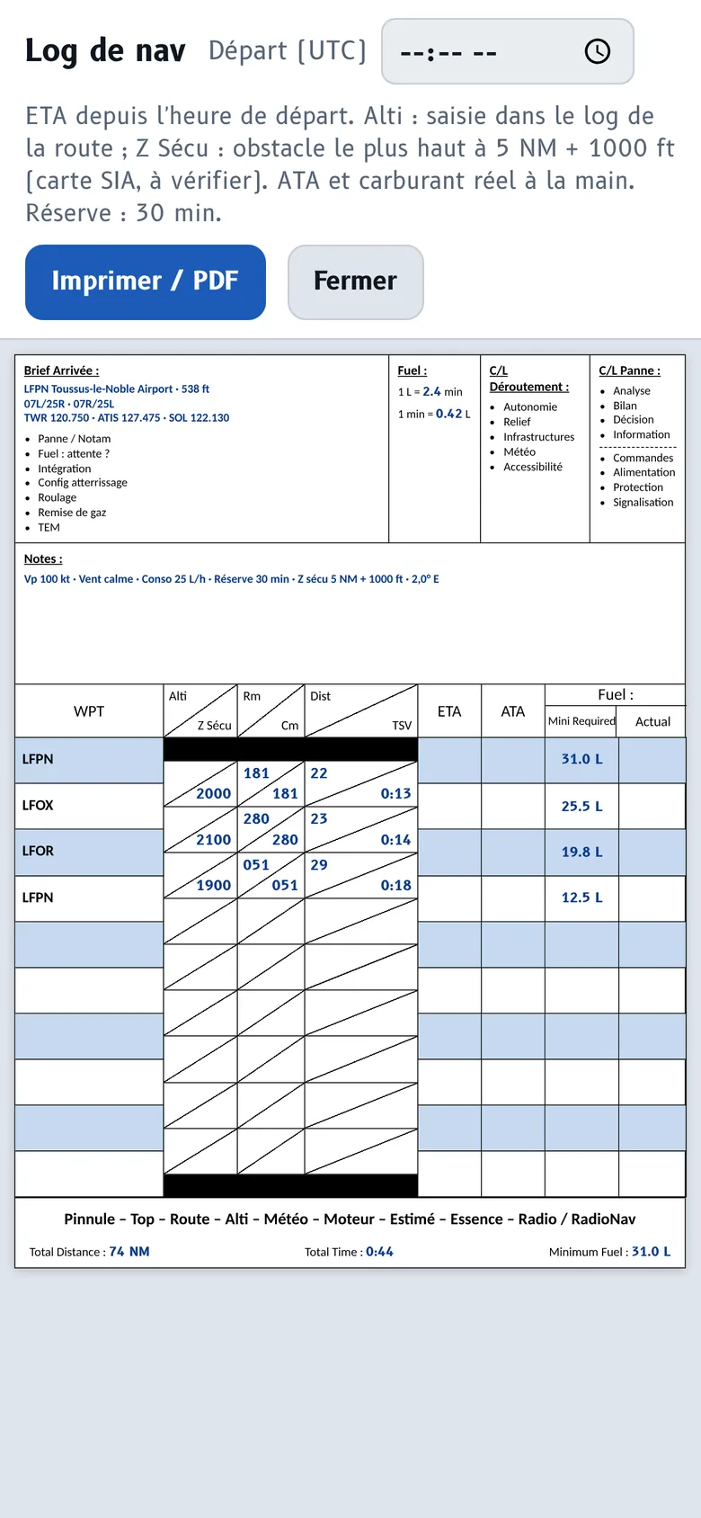 Aperçu de la feuille de log de nav à imprimer