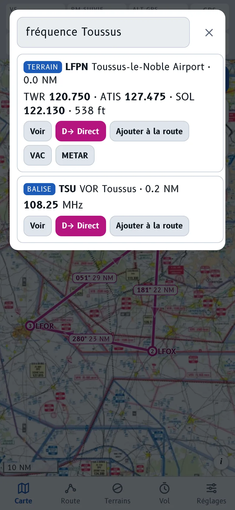 Recherche « fréquence Toussus » : LFPN TWR 120.750 et le VOR TSU 108.25