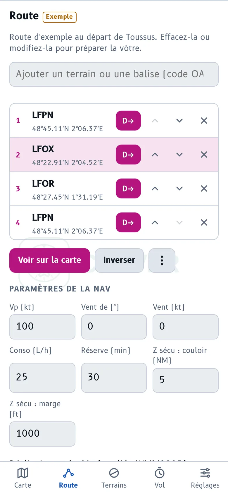 Onglet Route : liste des points LFPN, LFOX, LFOR, LFPN et paramètres de la nav