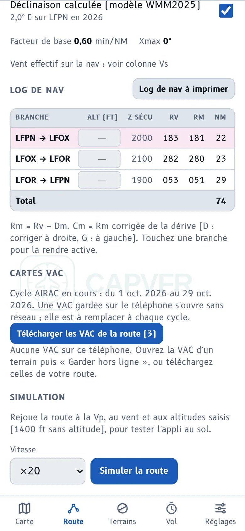 Tableau du log de nav : altitude, Z sécu, Rv, Rm et Cm de chaque branche
